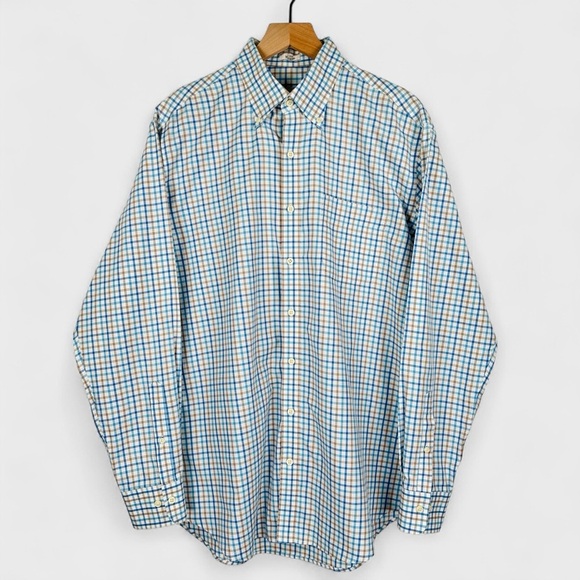 Peter Millar Mens Large Blue Brown Checkered Plaid Long Sleeve Button Down Shirt - Picture 3 of 9